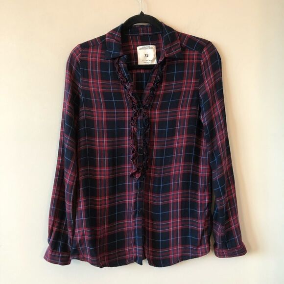 Zara Ruffle Trim Plaid V-neck Button Down - Picture 1 of 6